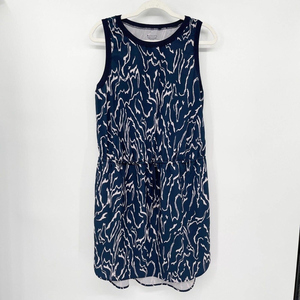Athleta Rincon Printed Dress Voyage White Blue Size M Sleeveless Tie Waist